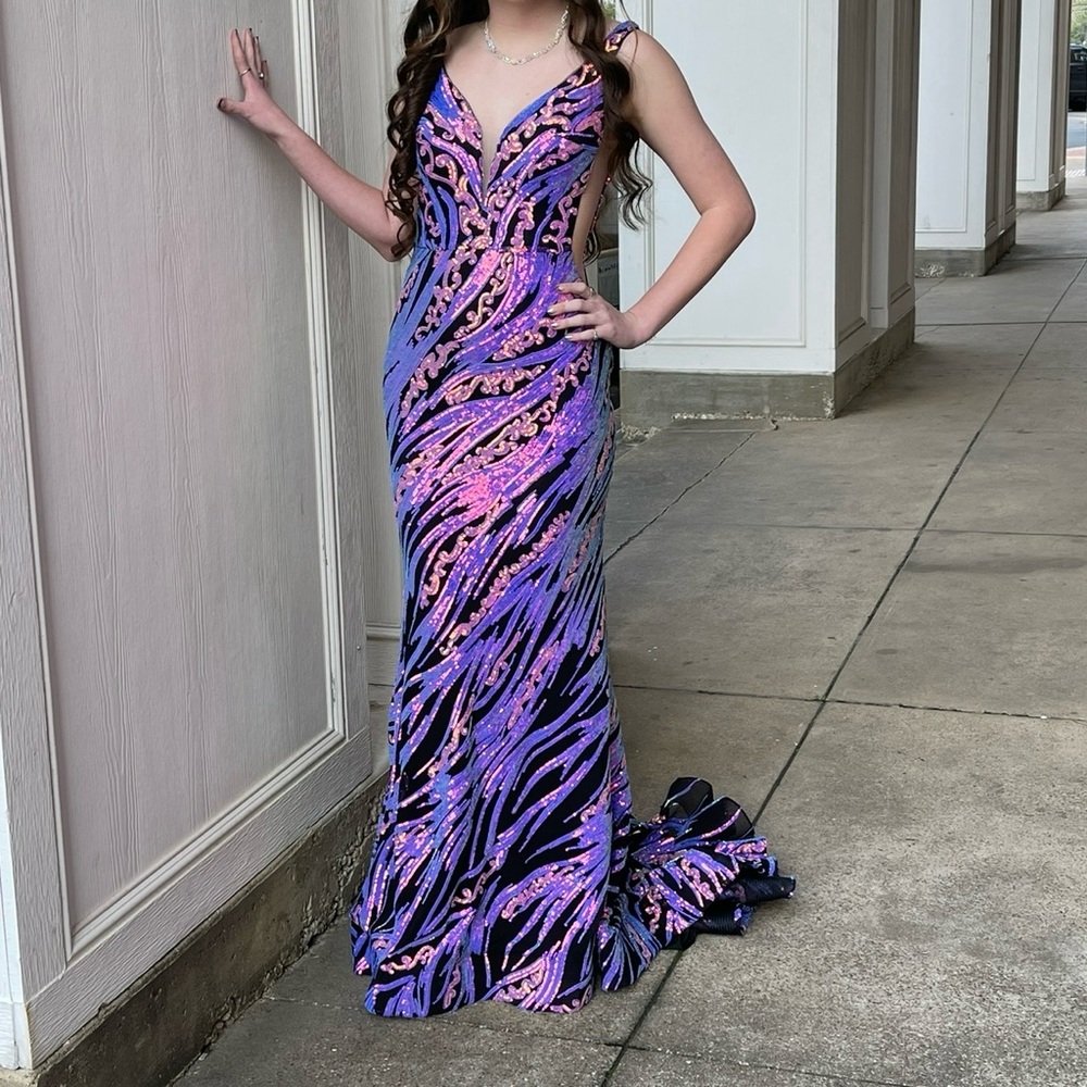 Purple and Pink Sequin Embellished Prom Gown
